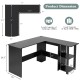 L-shaped computer desk dimensions with storage shelves, crafted from durable engineered wood for home office use.